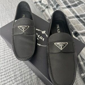 Prada Black Saffiano Leather Penny Loafers with Triangular Logo